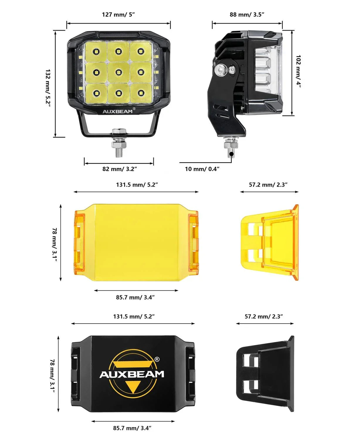 ليت 5 انش V-MAX Series | 5 Inch 168W 16440LM Spot Beam Side Shooter LED Square Pod Lights with Amber DRL
