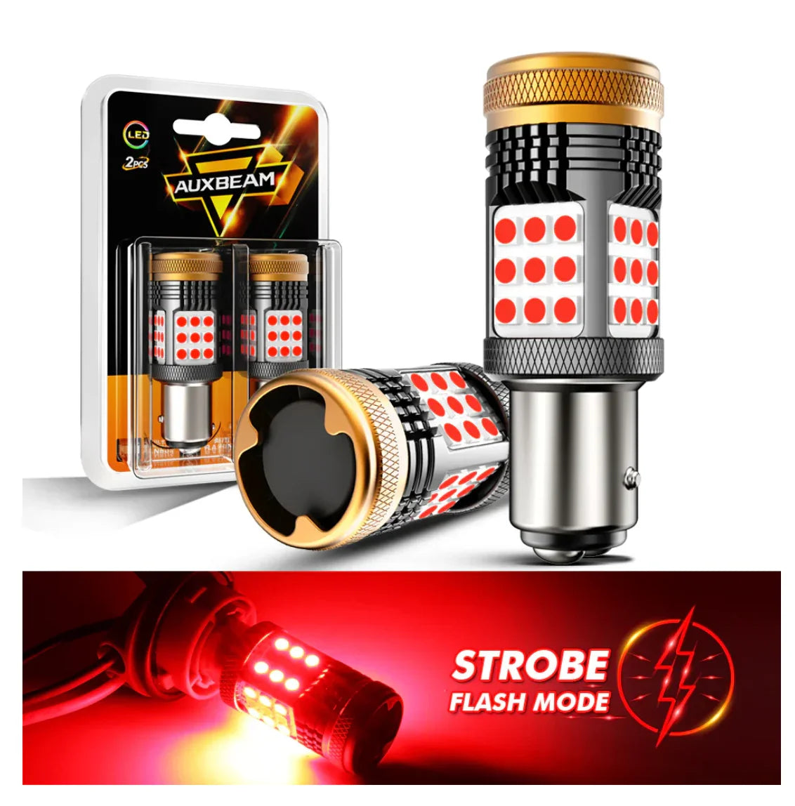 مصابيح 1157 BAY15D LED BRAKE/TAIL LIGHT BULBS 56W 600% HIGH BRIGHTNESS CAN-BUS ERROR FREE RED STROBE FLASHING B21 SERIES STROBE | 2 BULBS
