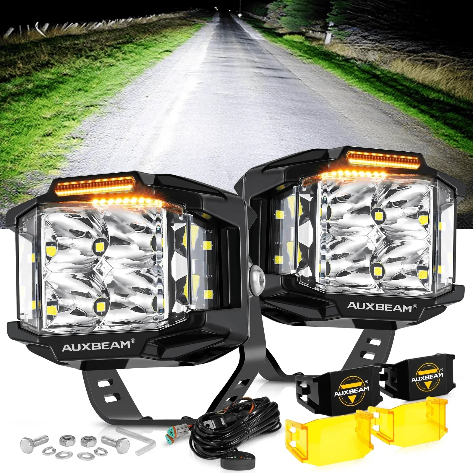 ليت 4 انش V-MAX Series | 4 Inch 92W 8960LM Spot Beam Side Shooter LED Square Pod Lights with Amber DRL