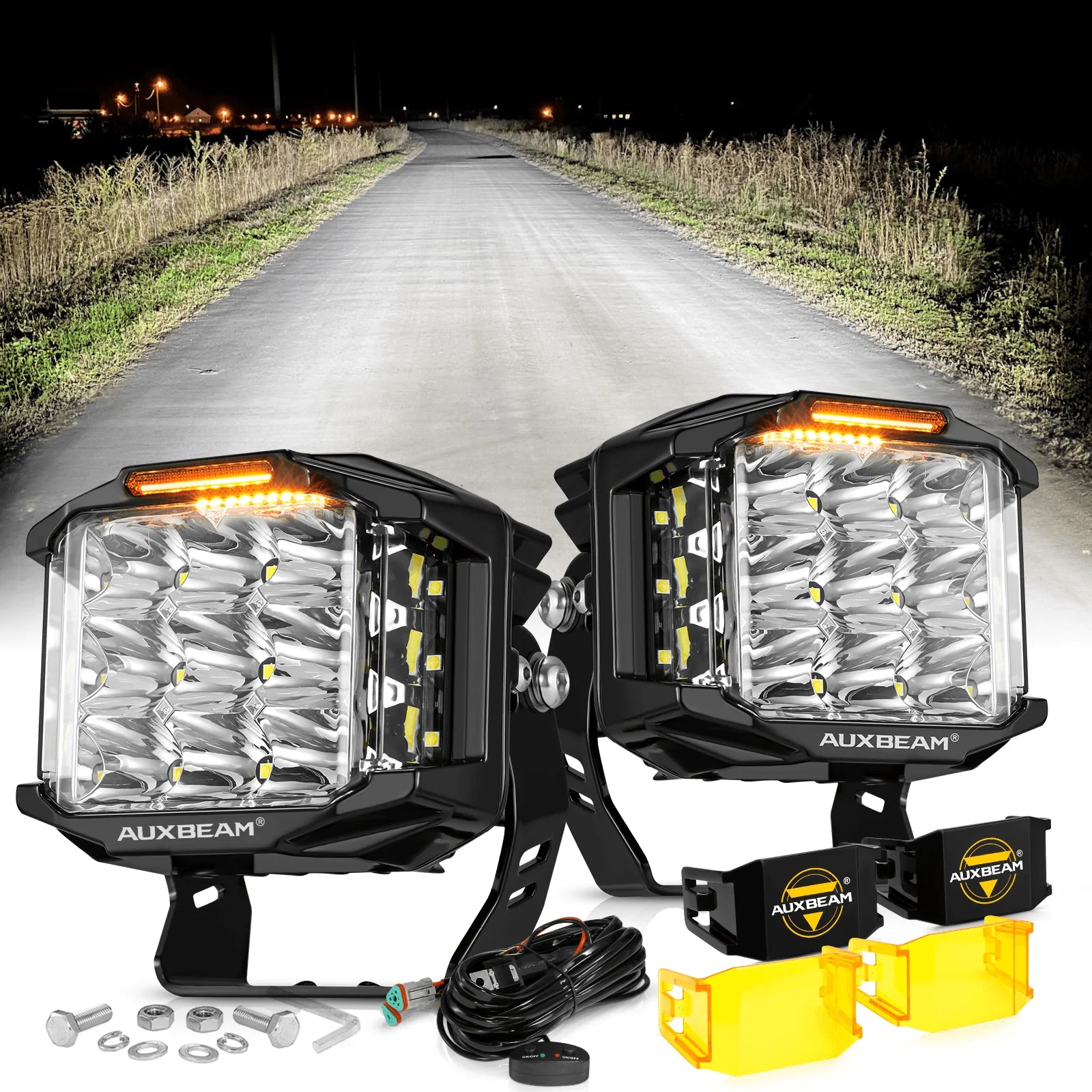 ليت 5 انش V-MAX Series | 5 Inch 168W 16440LM Spot Beam Side Shooter LED Square Pod Lights with Amber DRL