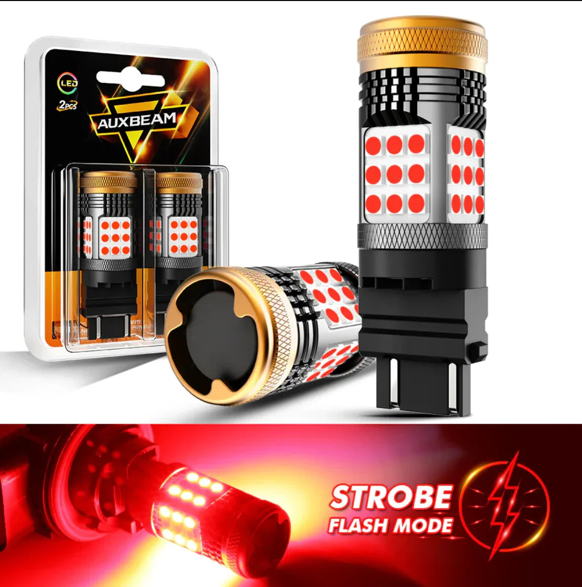 T25 3157 3156 LED BRAKE/TAIL LIGHT BULBS 56W 600% HIGH BRIGHTNESS CAN-BUS ERROR FREE RED STROBE FLASHING B21 SERIES STROBE | 2 BULBS