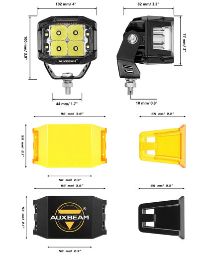 ليت 4 انش V-MAX Series | 4 Inch 92W 8960LM Spot Beam Side Shooter LED Square Pod Lights with Amber DRL