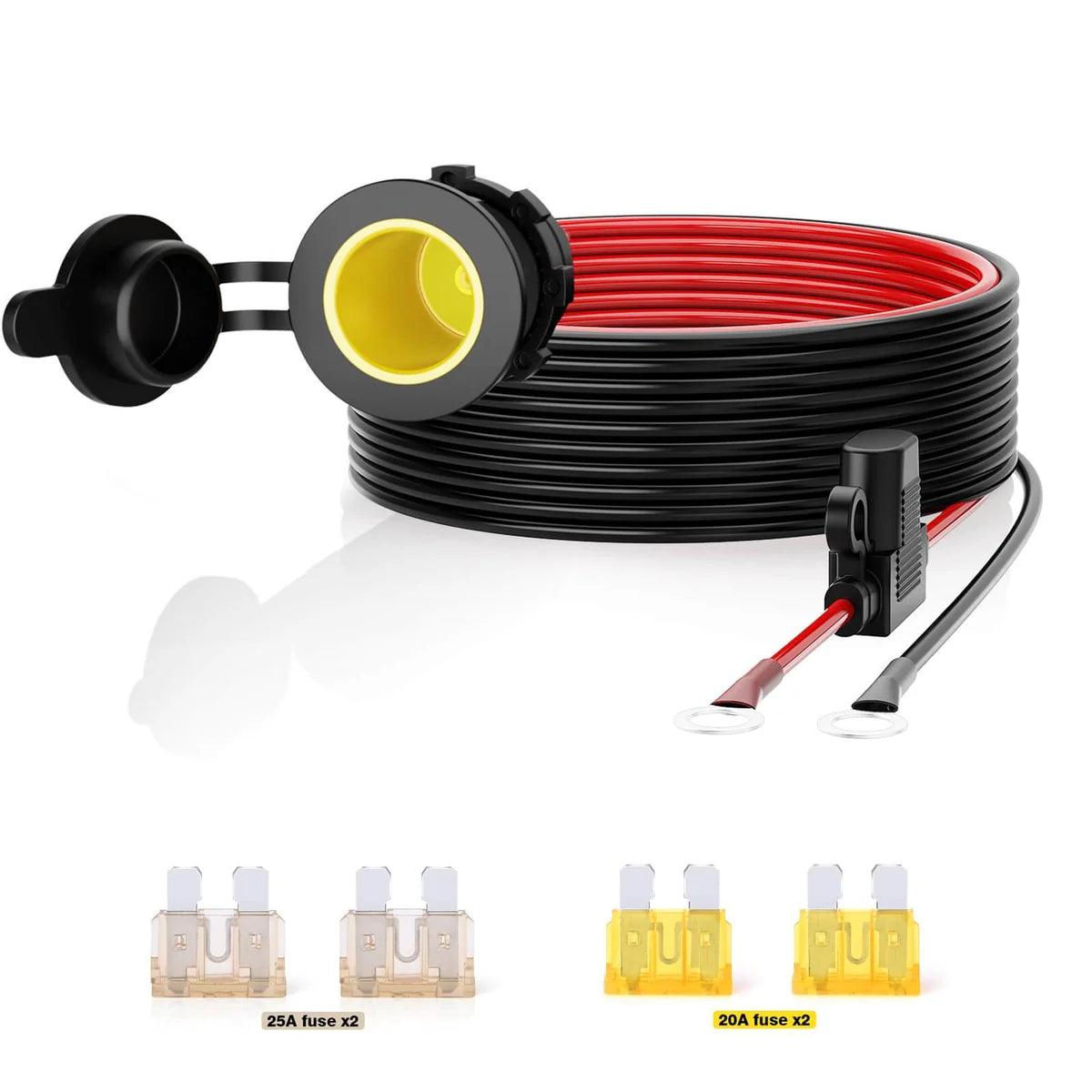 Car Female Cigarette Lighter Plug Threaded Socket with 0.33" Ring Eyelet Terminals 12ft Cable 12AWG 12V 24V, Battery Cord with Inline Blade Fuse 25A 20A