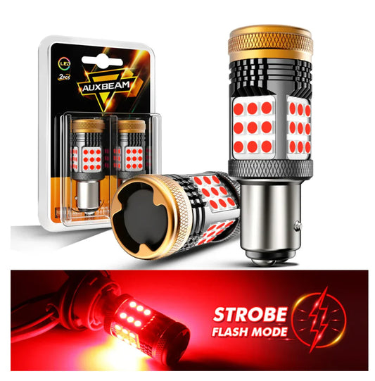 مصابيح 1157 BAY15D LED BRAKE/TAIL LIGHT BULBS 56W 600% HIGH BRIGHTNESS CAN-BUS ERROR FREE RED STROBE FLASHING B21 SERIES STROBE | 2 BULBS