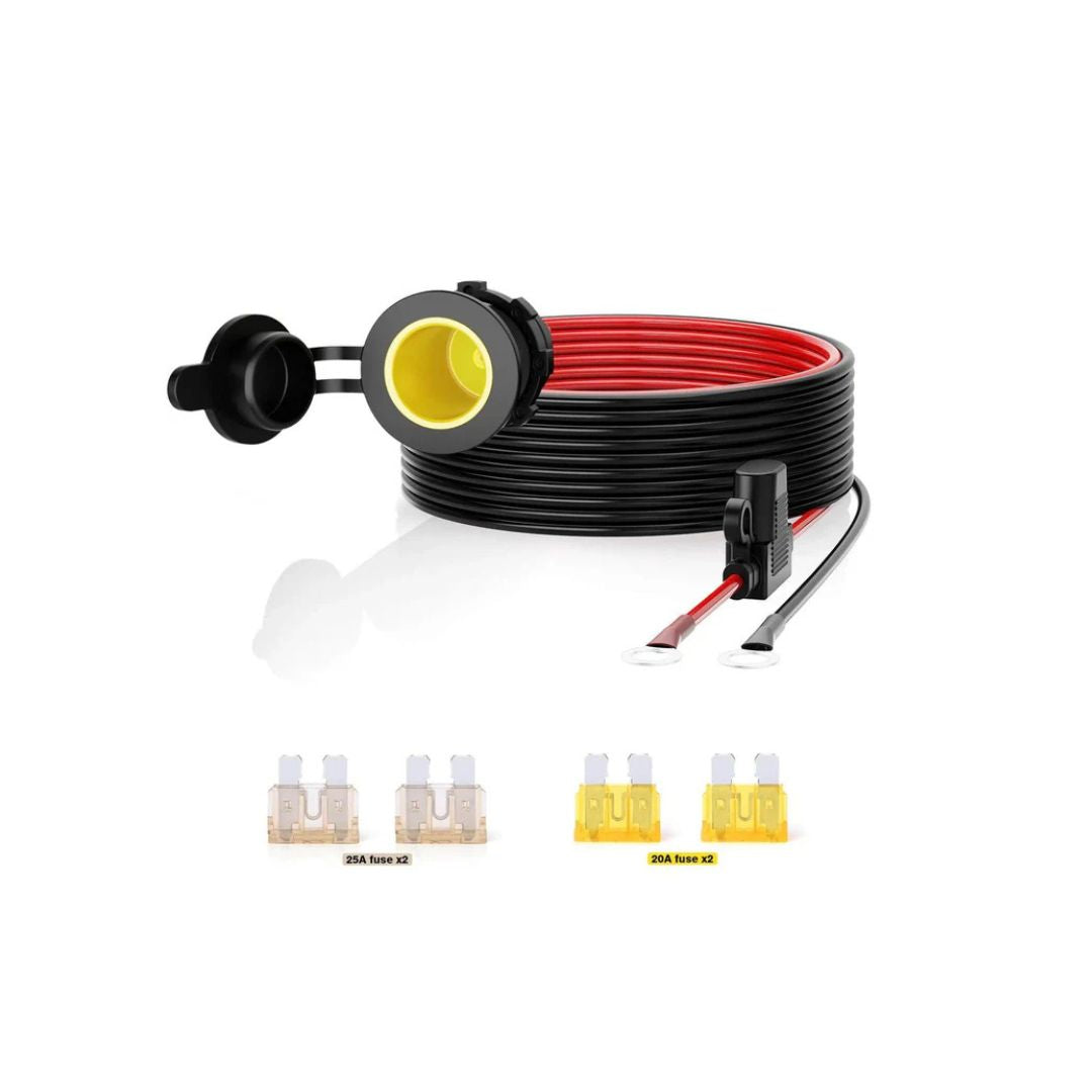Car Female Cigarette Lighter Plug Threaded Socket with 0.33" Ring Eyelet Terminals 12ft Cable 12AWG 12V 24V, Battery Cord with Inline Blade Fuse 25A 20A