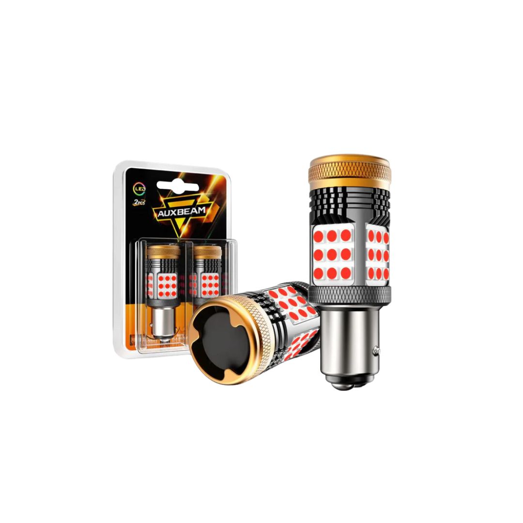 T25 3157 3156 LED BRAKE/TAIL LIGHT BULBS 56W 600% HIGH BRIGHTNESS CAN-BUS ERROR FREE RED STROBE FLASHING B21 SERIES STROBE | 2 BULBS