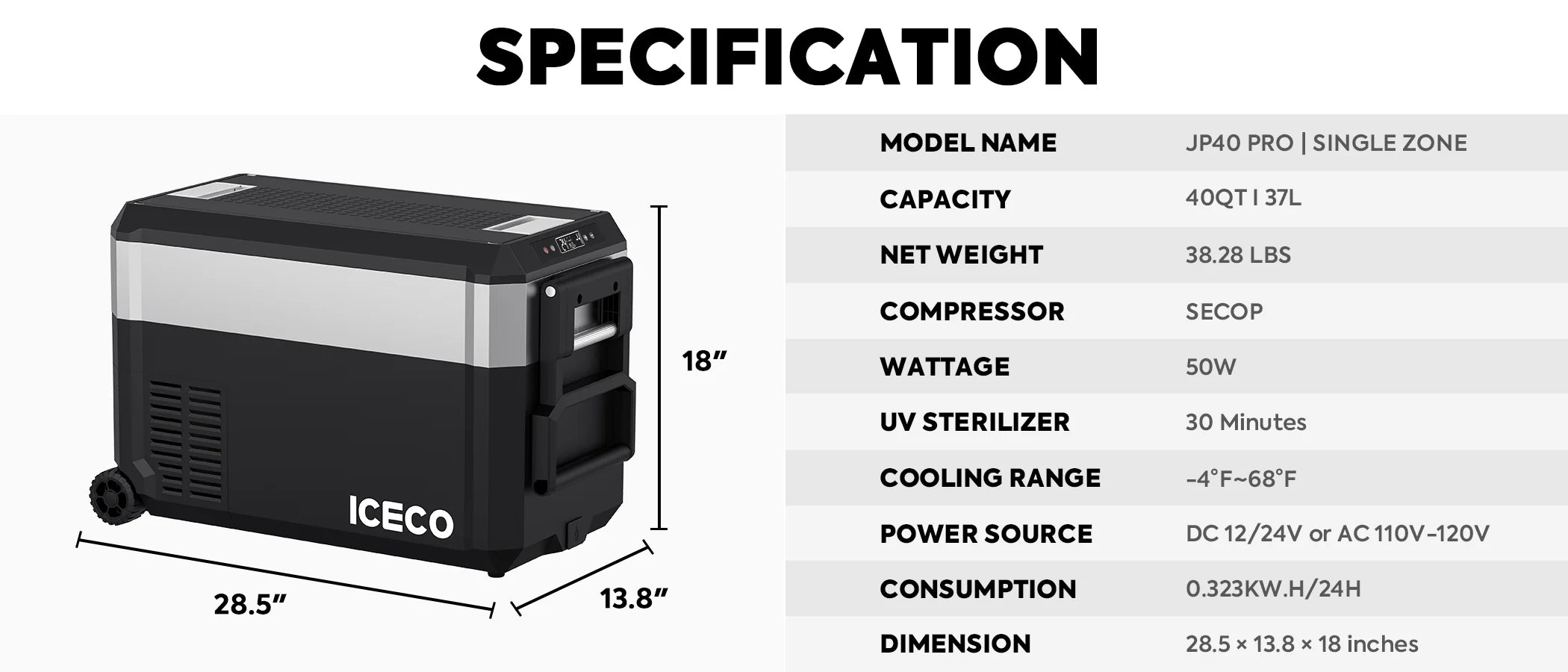 40QT JP40 Pro Wheeled Portable Freezer Camping Fridge