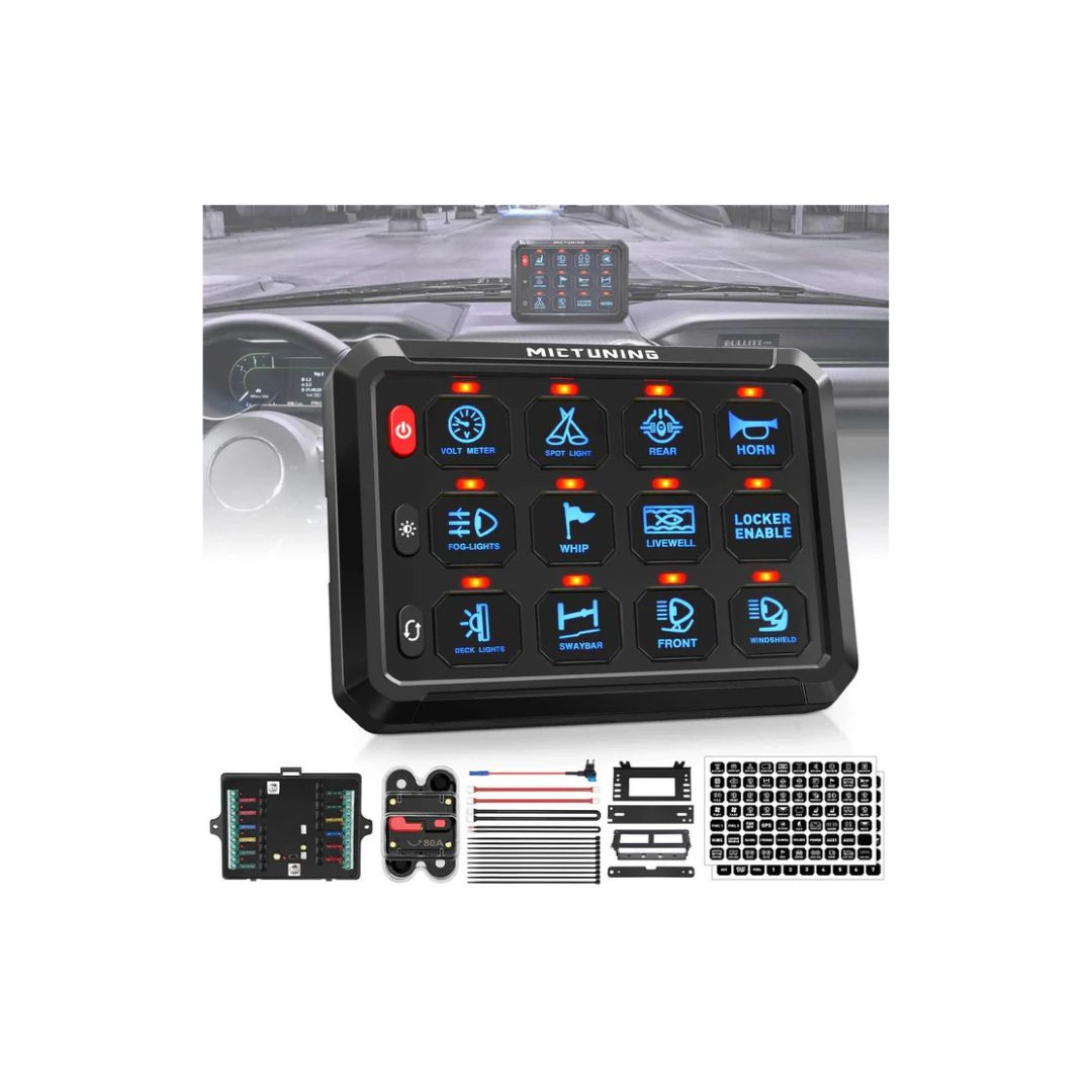 P1S-B Blue 12 Gang Switch Panel 5″ Multifunction Toggle Momentary Pulsed Circuit Control Box Switch Panel