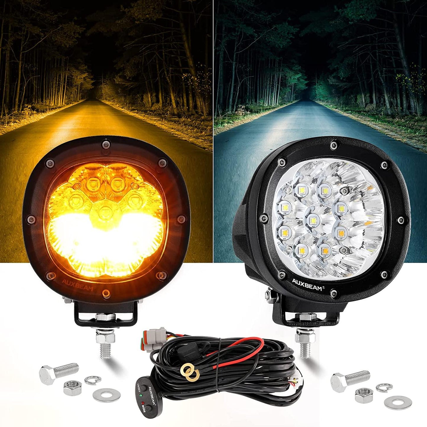 (2PCS/SET) 4 INCH LED PODS DRIVING LIGHTS WHITE&AMBER 6 MODES WITH WIRING HARNESS
