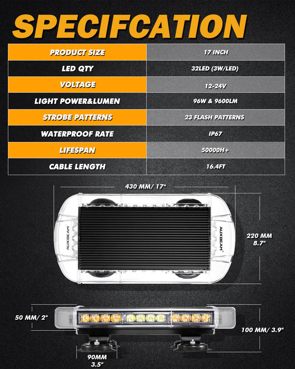 17" ROOFTOP STROBE FLASHING LIGHT BAR, 23 FLASHING MODES MAGNETIC MOUNT EMERGENCY SAFETY WARNING CAUTION BEACON LIGHTS- شريط إضاءة فلاش، 23 وضع فلاش، مع قاعدة مغناطيسية