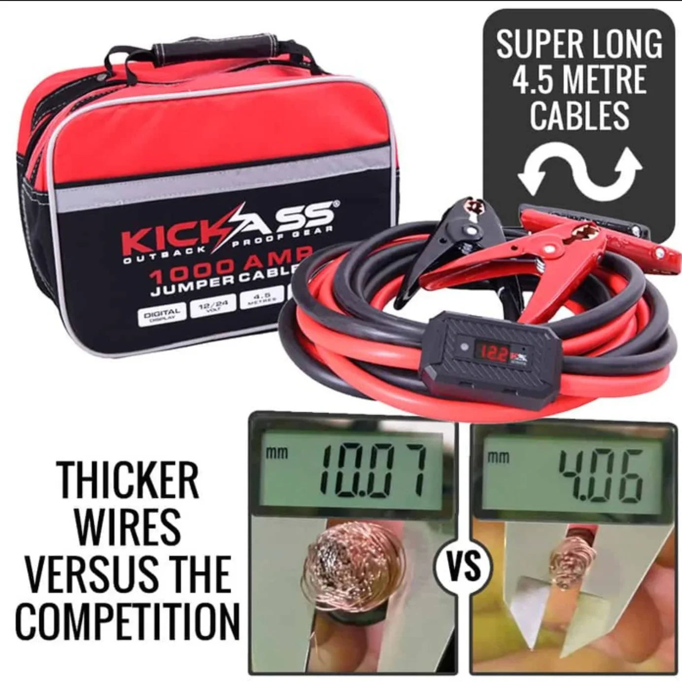 KickAss Jumper Cables - 1000 Amp - 4.5M - 2 AWG - Surge Protected