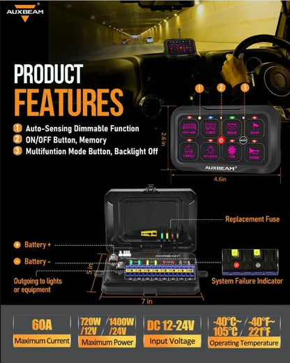 بلوتوث سويتش بانال AR Series 8/6 Gang LED Switch Panel,Off Road Light Controller