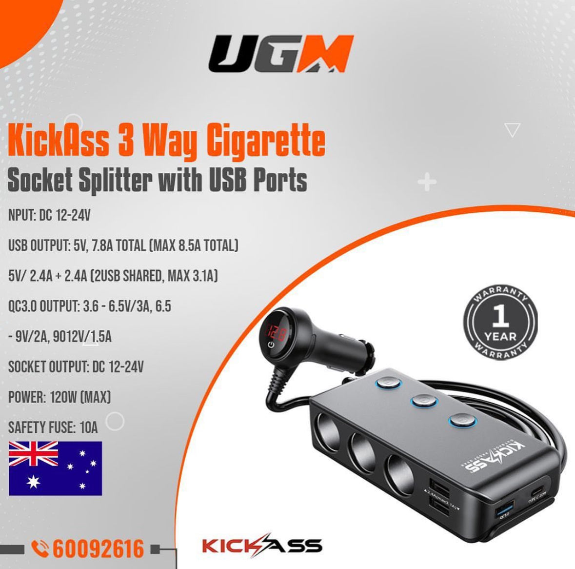 KickAss 3 Way Cigarette Socket Splitter with USB Ports