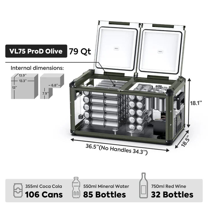 79.2QT VL75ProD Olive 12V Heavy Duty Metal Fridge Freezer| ICECO ثلاجة-كرتون مفتوح -Open Box عرض